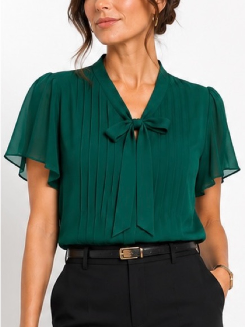 Lands’ End Emerald Green Tie-Neck Pintuck Flutter Sleeve Blouse Top Women’s 14